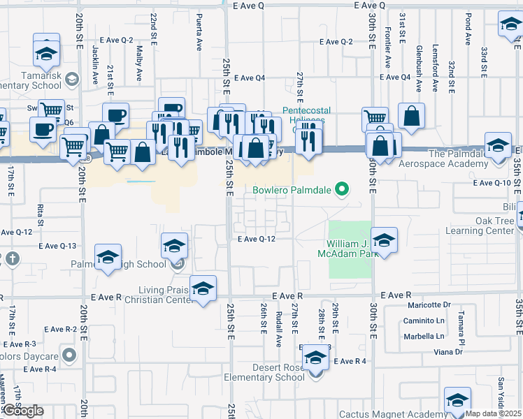 map of restaurants, bars, coffee shops, grocery stores, and more near 2669 Greenwood Court in Palmdale