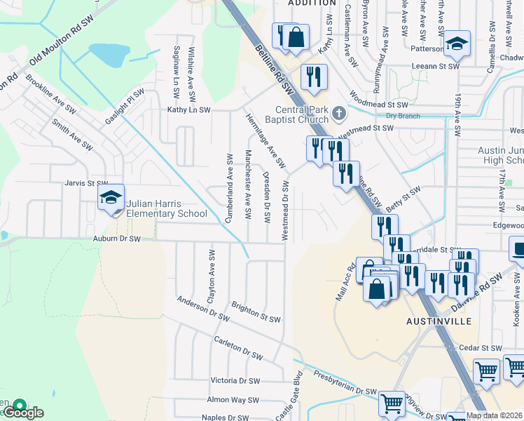 map of restaurants, bars, coffee shops, grocery stores, and more near 1924 Manchester Avenue Southwest in Decatur
