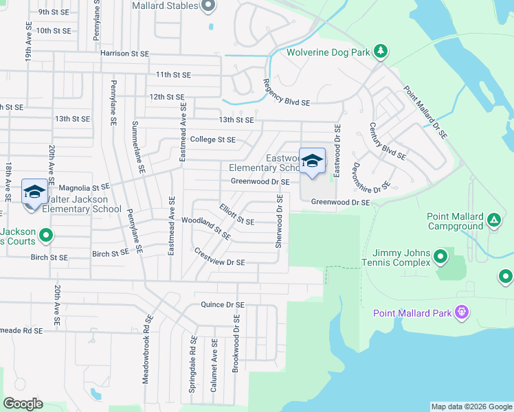 map of restaurants, bars, coffee shops, grocery stores, and more near 2404 Elliott Street Southeast in Decatur