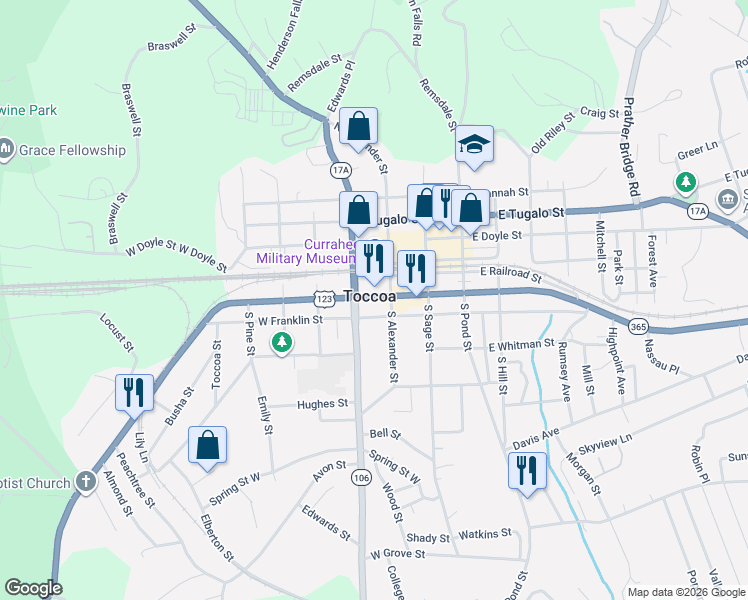 map of restaurants, bars, coffee shops, grocery stores, and more near 108 East Franklin Street in Toccoa