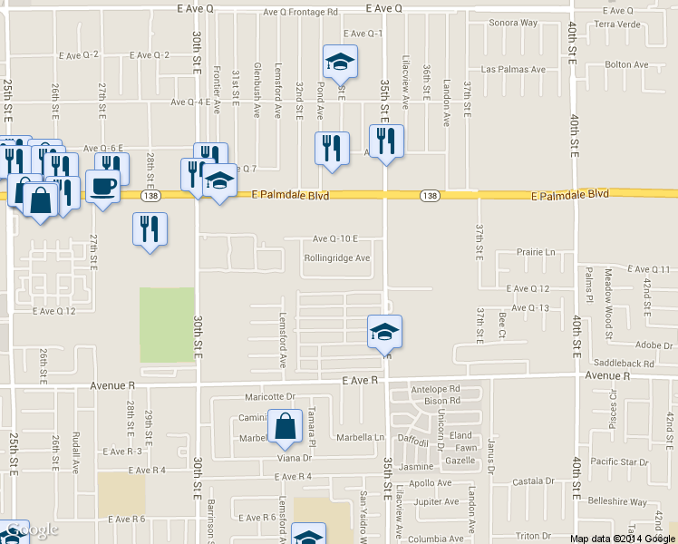 map of restaurants, bars, coffee shops, grocery stores, and more near 3301 Honeysuckle Avenue in Palmdale