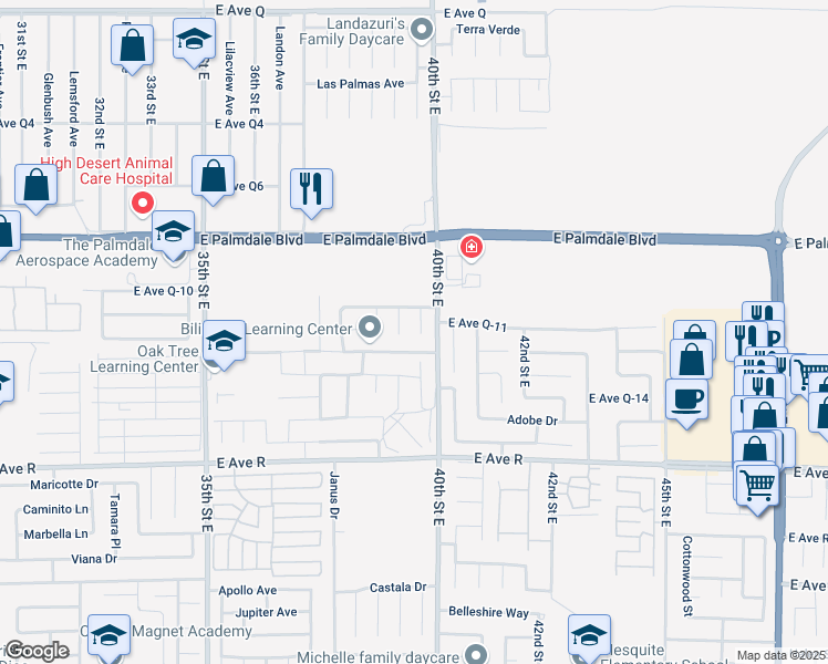 map of restaurants, bars, coffee shops, grocery stores, and more near 38229 Mentor Court in Palmdale