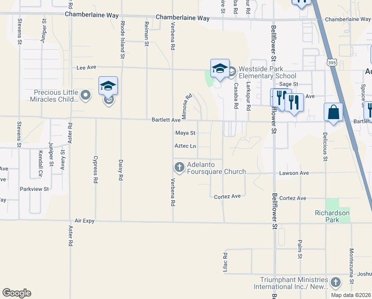 map of restaurants, bars, coffee shops, grocery stores, and more near 10911 Inca Avenue in Adelanto
