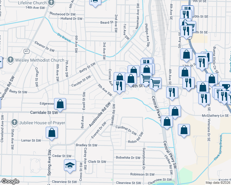 map of restaurants, bars, coffee shops, grocery stores, and more near 127 Austinville Road Southwest in Decatur