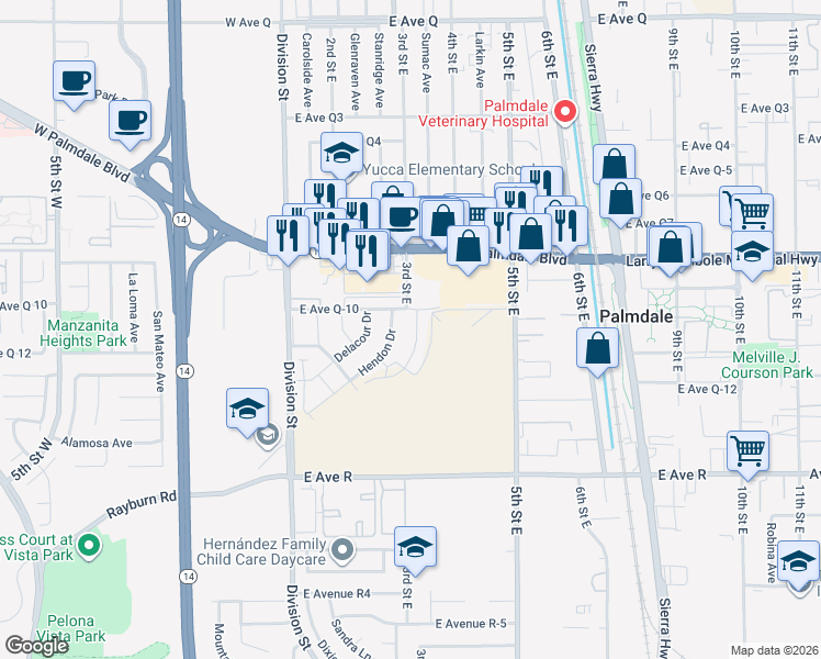 map of restaurants, bars, coffee shops, grocery stores, and more near 38249 Gunton Drive in Palmdale