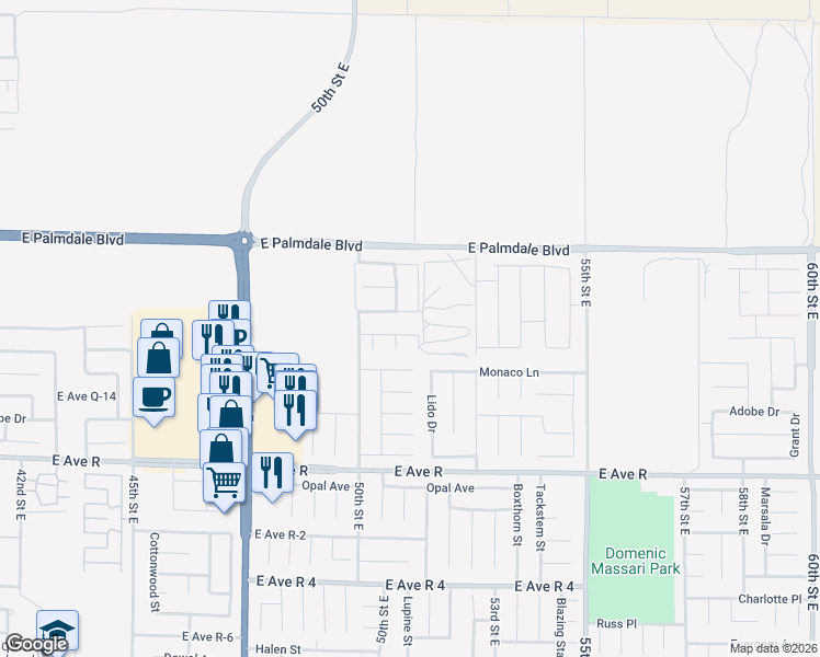 map of restaurants, bars, coffee shops, grocery stores, and more near 5059 Keston Drive in Palmdale