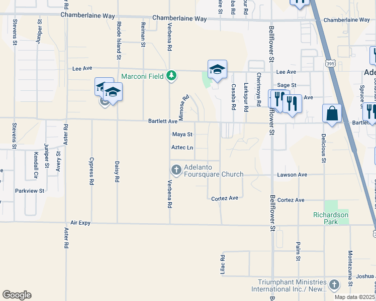 map of restaurants, bars, coffee shops, grocery stores, and more near 10933 Aztec Lane in Adelanto