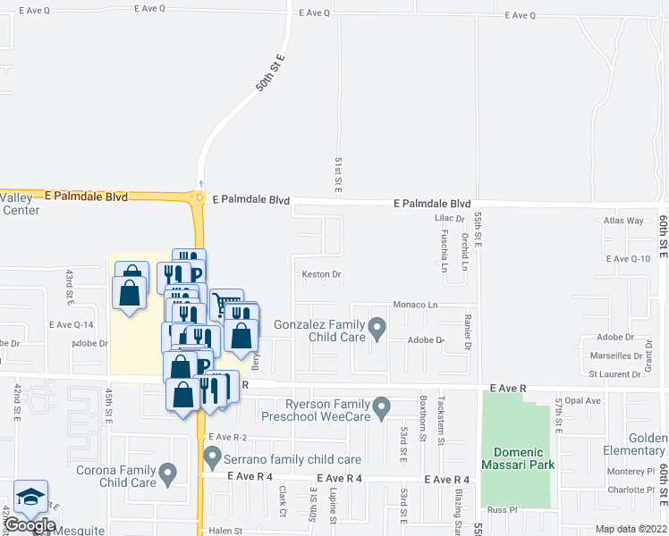 map of restaurants, bars, coffee shops, grocery stores, and more near 5059 Keston Drive in Palmdale