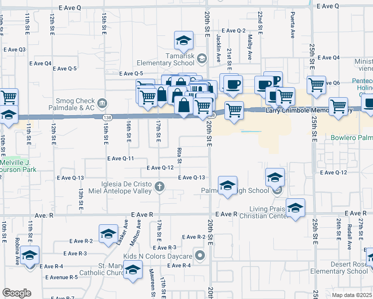 map of restaurants, bars, coffee shops, grocery stores, and more near 1814 East Avenue Q10 in Palmdale