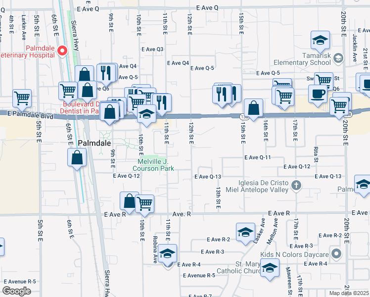 map of restaurants, bars, coffee shops, grocery stores, and more near 38272 11th Street East in Palmdale
