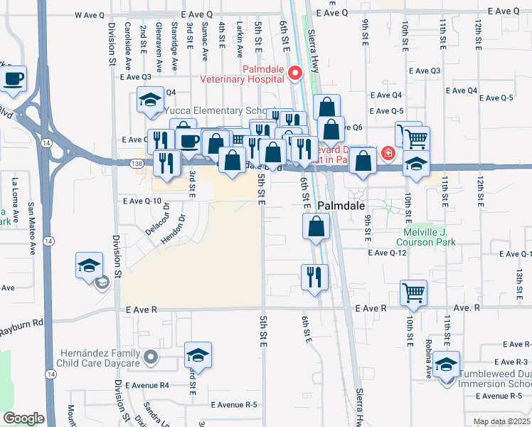 map of restaurants, bars, coffee shops, grocery stores, and more near 38290 5th Street East in Palmdale
