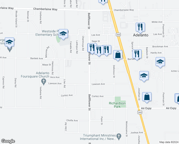 map of restaurants, bars, coffee shops, grocery stores, and more near Bellflower Street in Adelanto