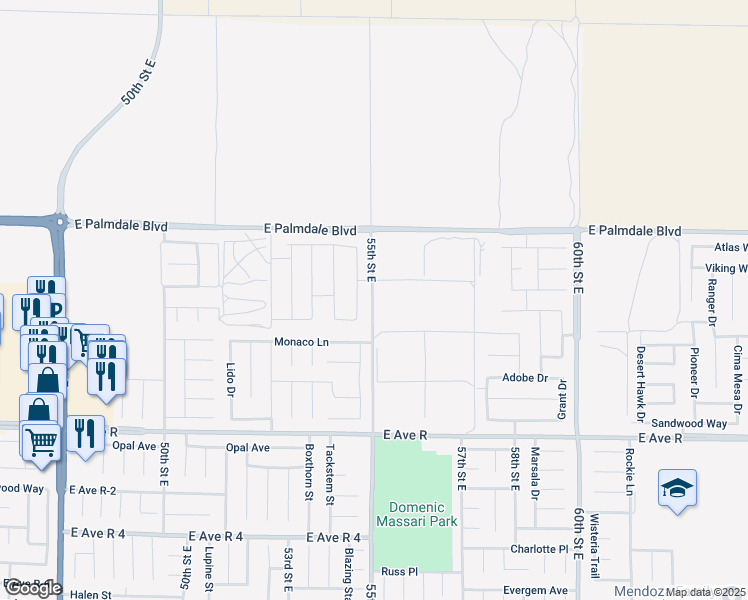 map of restaurants, bars, coffee shops, grocery stores, and more near 55th Street East in Palmdale