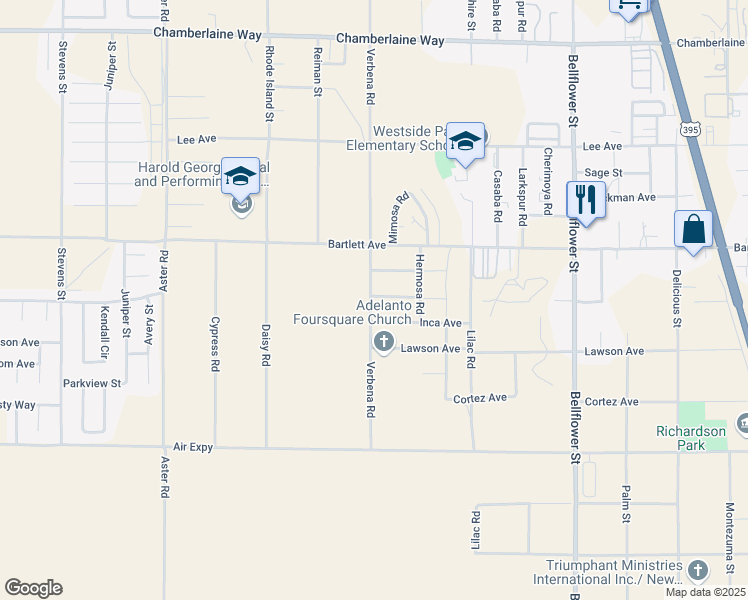 map of restaurants, bars, coffee shops, grocery stores, and more near Aztec Lane in Adelanto