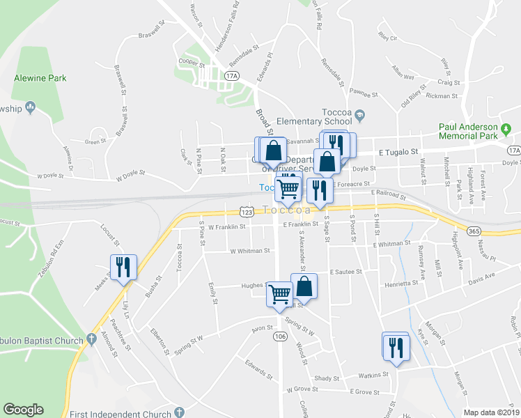 map of restaurants, bars, coffee shops, grocery stores, and more near 230 West Currahee Street in Toccoa