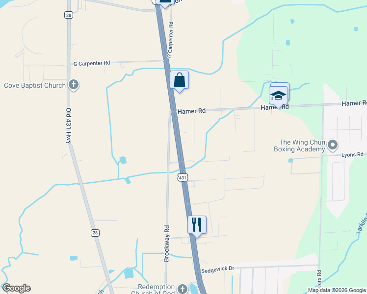 map of restaurants, bars, coffee shops, grocery stores, and more near 9221 U.S. 431 in Owens Cross Roads