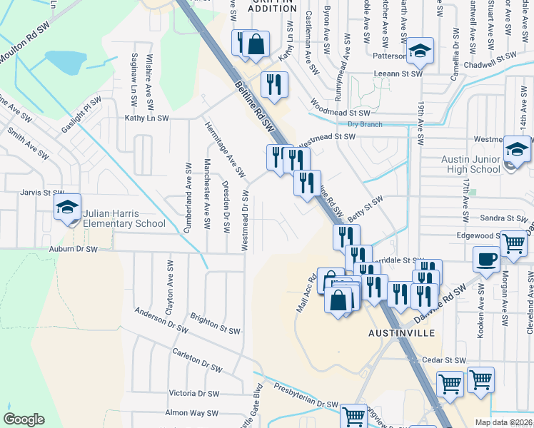 map of restaurants, bars, coffee shops, grocery stores, and more near 2158 Westbury Court Southwest in Decatur