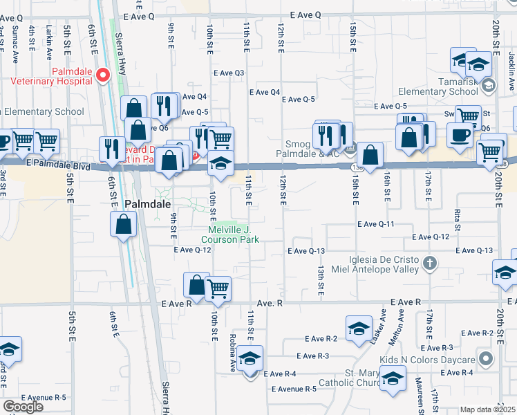 map of restaurants, bars, coffee shops, grocery stores, and more near 38272 11th Street East in Palmdale