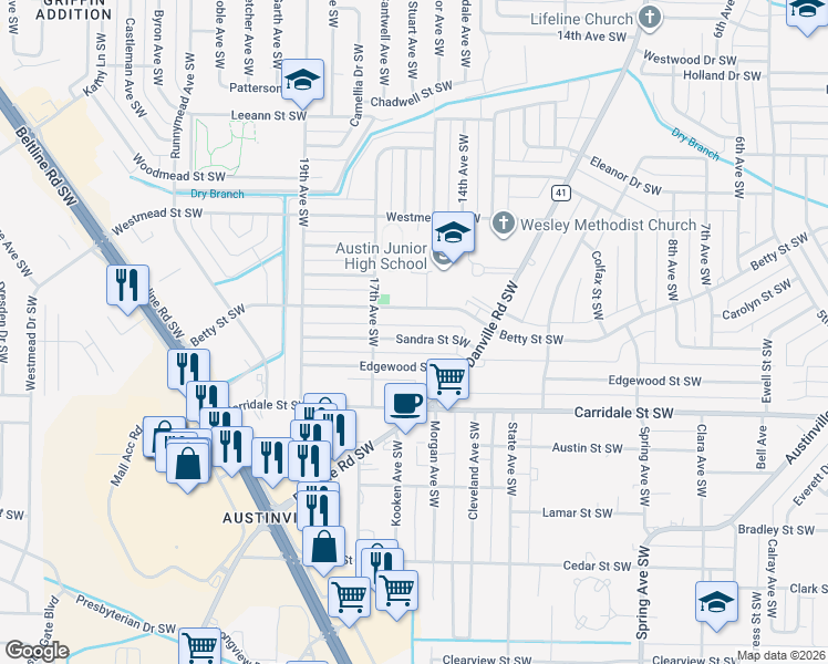 map of restaurants, bars, coffee shops, grocery stores, and more near 1117 Betty Street Southwest in Decatur