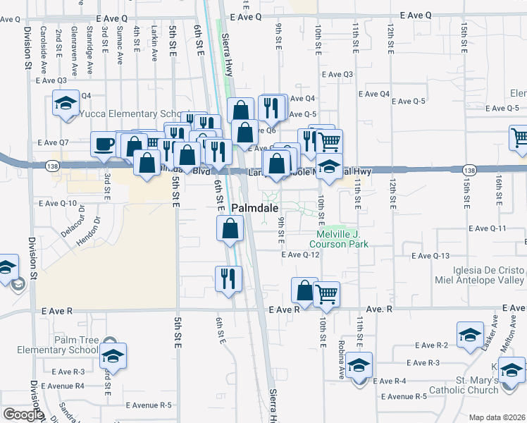 map of restaurants, bars, coffee shops, grocery stores, and more near in Palmdale
