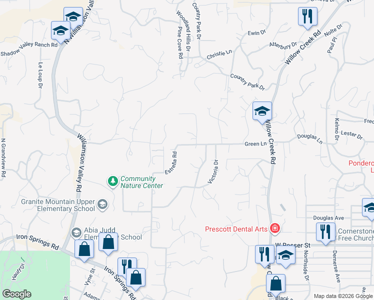 map of restaurants, bars, coffee shops, grocery stores, and more near 2037 Estrella Road in Prescott