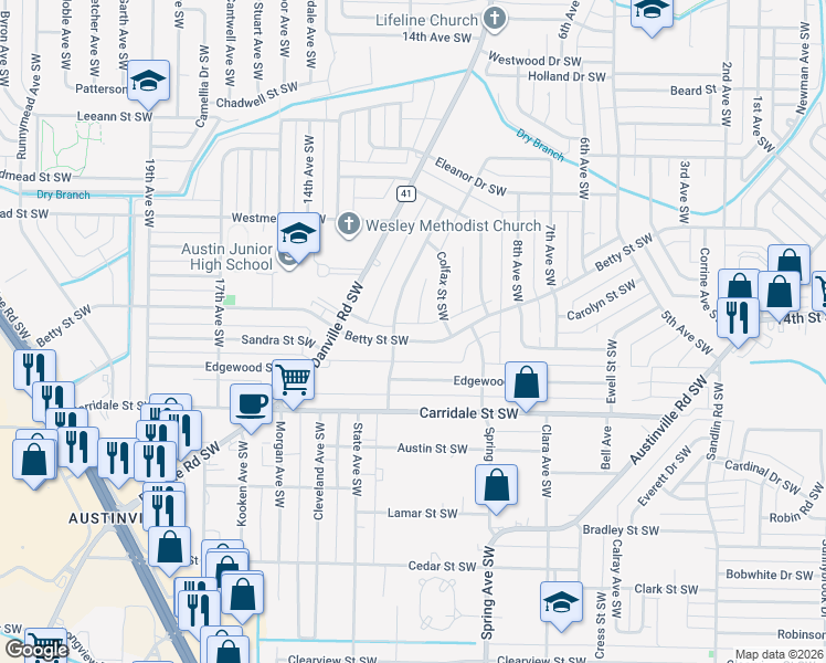 map of restaurants, bars, coffee shops, grocery stores, and more near 914 Betty Street Southwest in Decatur