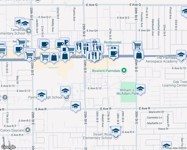 map of restaurants, bars, coffee shops, grocery stores, and more near 2562 Kenwood Court in Palmdale