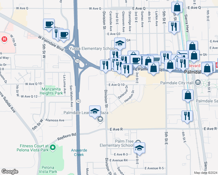 map of restaurants, bars, coffee shops, grocery stores, and more near 38226 Division Street in Palmdale