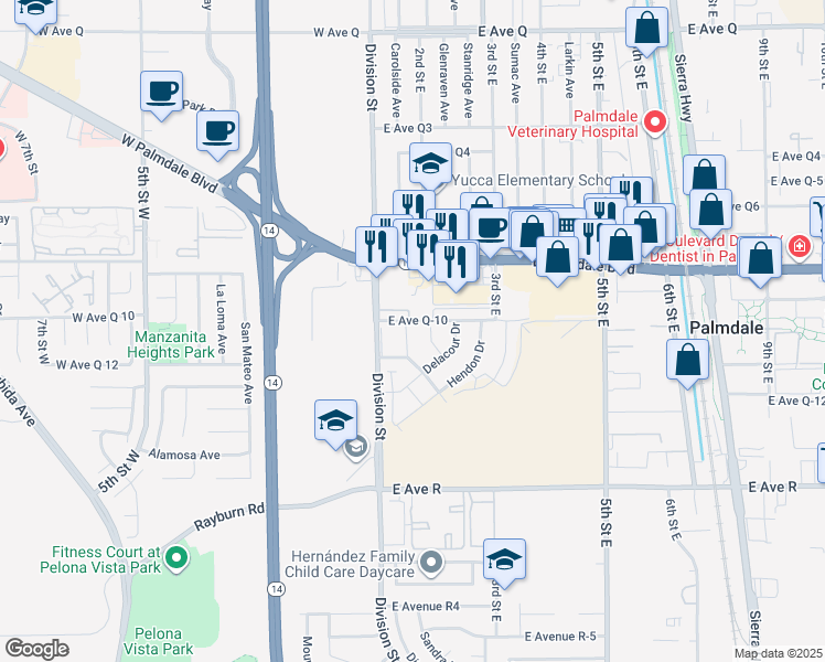 map of restaurants, bars, coffee shops, grocery stores, and more near 38226 Carolside Avenue in Palmdale