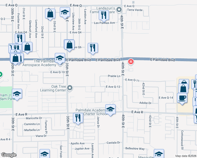 map of restaurants, bars, coffee shops, grocery stores, and more near 38237 Bee Court in Palmdale