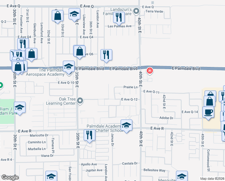 map of restaurants, bars, coffee shops, grocery stores, and more near 38237 Bee Court in Palmdale