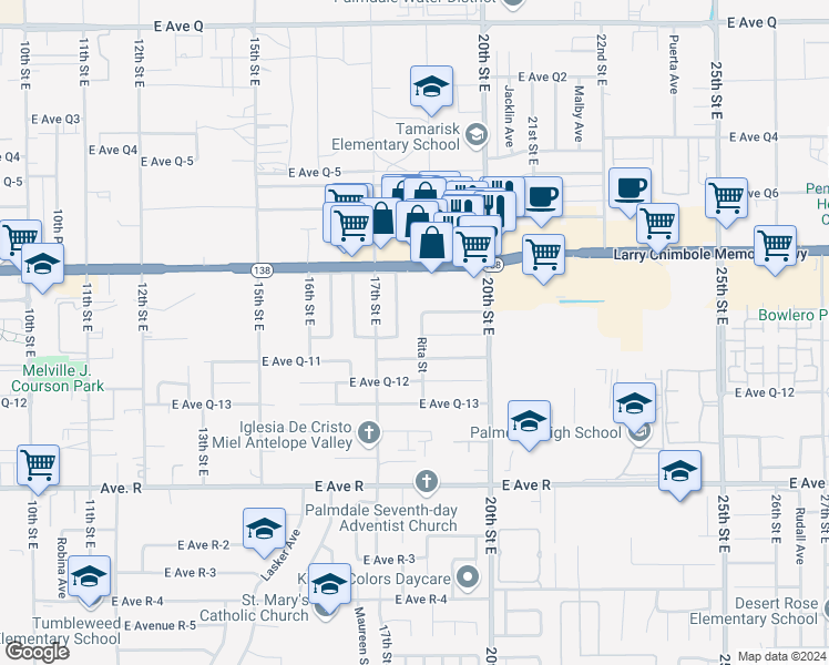 map of restaurants, bars, coffee shops, grocery stores, and more near 38303 Rita Street in Palmdale