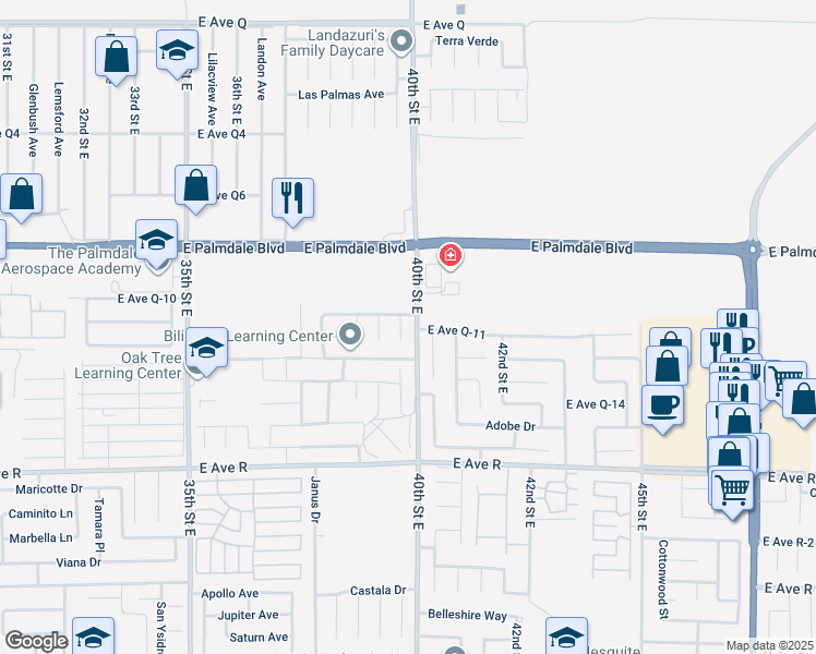 map of restaurants, bars, coffee shops, grocery stores, and more near 38244 Mentor Court in Palmdale