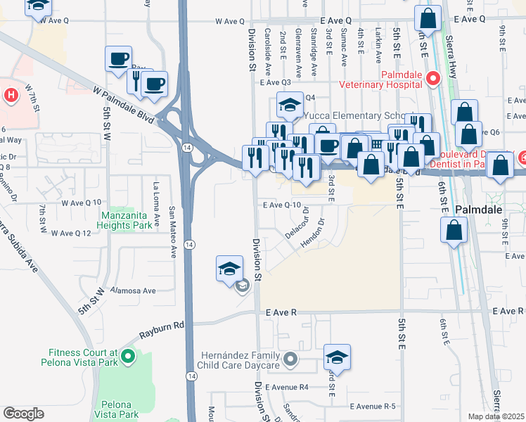map of restaurants, bars, coffee shops, grocery stores, and more near 38226 Division Street in Palmdale