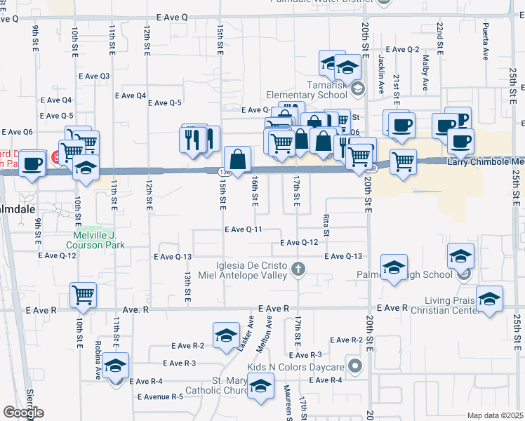 map of restaurants, bars, coffee shops, grocery stores, and more near 38321 16th Street East in Palmdale