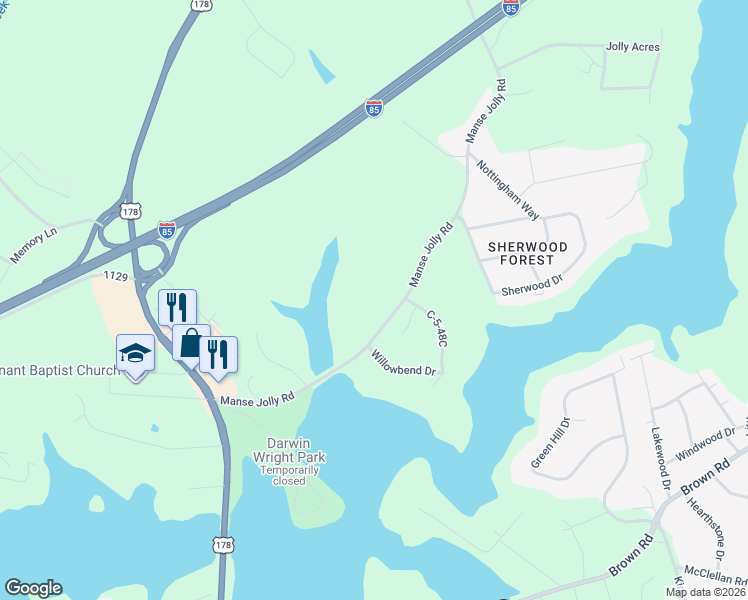 map of restaurants, bars, coffee shops, grocery stores, and more near 1085 Manse Jolly Road in Anderson