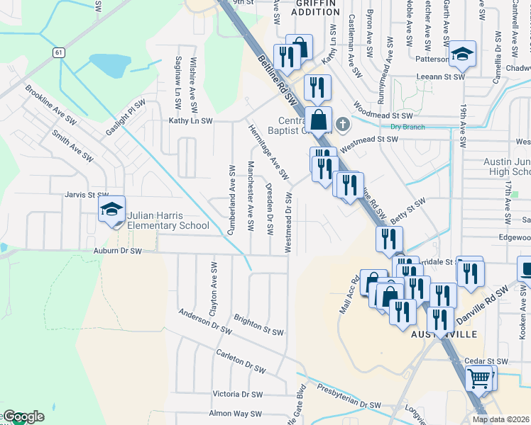 map of restaurants, bars, coffee shops, grocery stores, and more near 1912 Manchester Avenue Southwest in Decatur