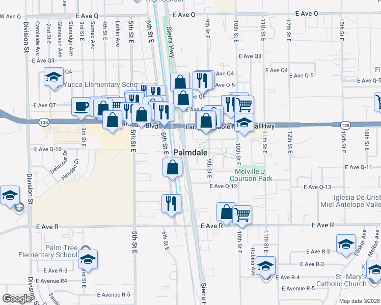 map of restaurants, bars, coffee shops, grocery stores, and more near in Palmdale