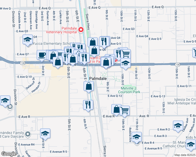 map of restaurants, bars, coffee shops, grocery stores, and more near 37435 Highland Court in Palmdale