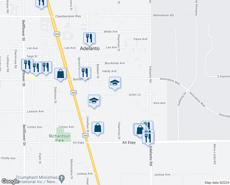 map of restaurants, bars, coffee shops, grocery stores, and more near 18000 Pearmain Street in Adelanto