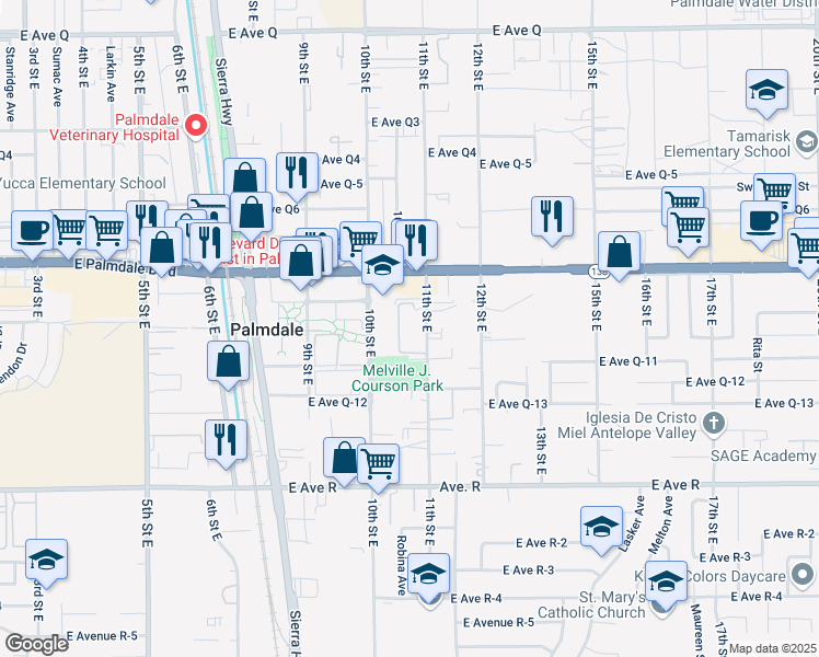map of restaurants, bars, coffee shops, grocery stores, and more near 38301 11th Street East in Palmdale