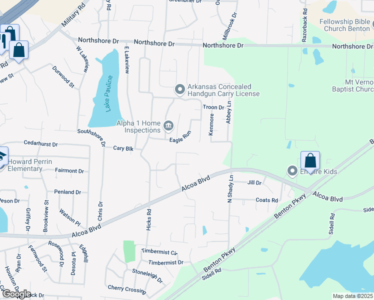map of restaurants, bars, coffee shops, grocery stores, and more near 2722 Westbury Drive in Benton