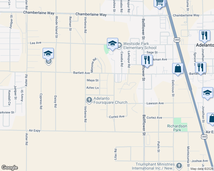 map of restaurants, bars, coffee shops, grocery stores, and more near Hollyhock Road in Adelanto