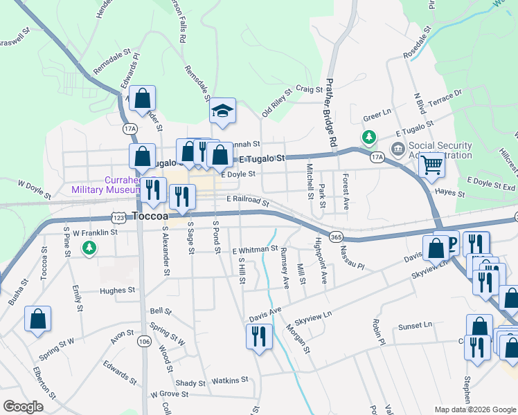 map of restaurants, bars, coffee shops, grocery stores, and more near 88 Schaefer Court in Toccoa