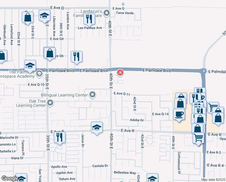 map of restaurants, bars, coffee shops, grocery stores, and more near 4005 East Avenue Q 11 in Palmdale
