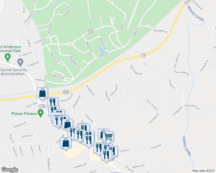 map of restaurants, bars, coffee shops, grocery stores, and more near 350 Valley Road in Toccoa