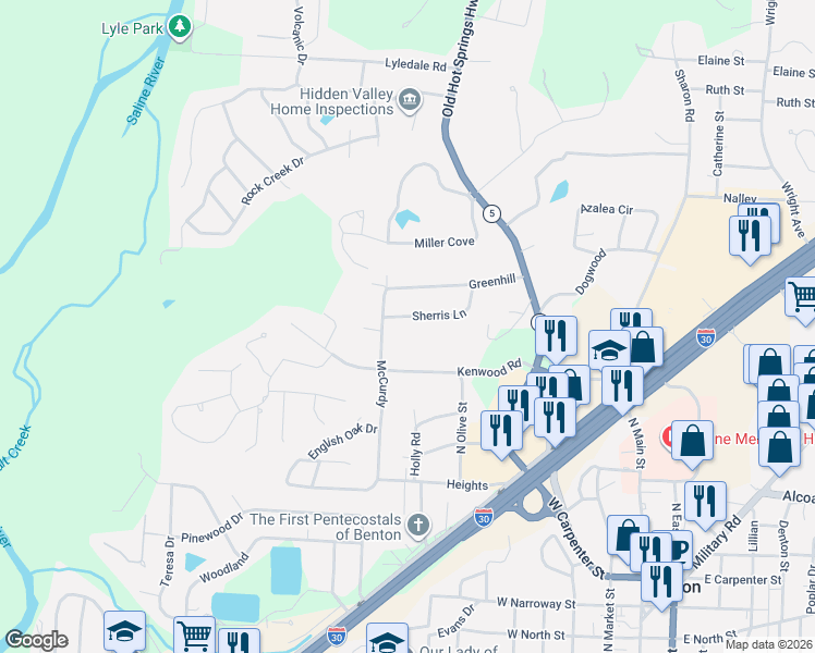 map of restaurants, bars, coffee shops, grocery stores, and more near 916 Sherris Lane in Benton