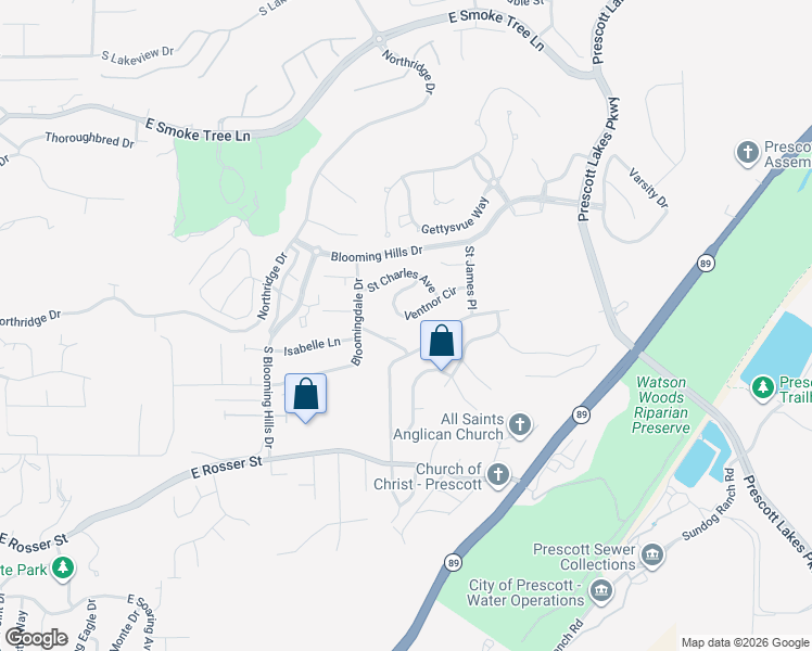 map of restaurants, bars, coffee shops, grocery stores, and more near 1939 Ventnor Circle in Prescott