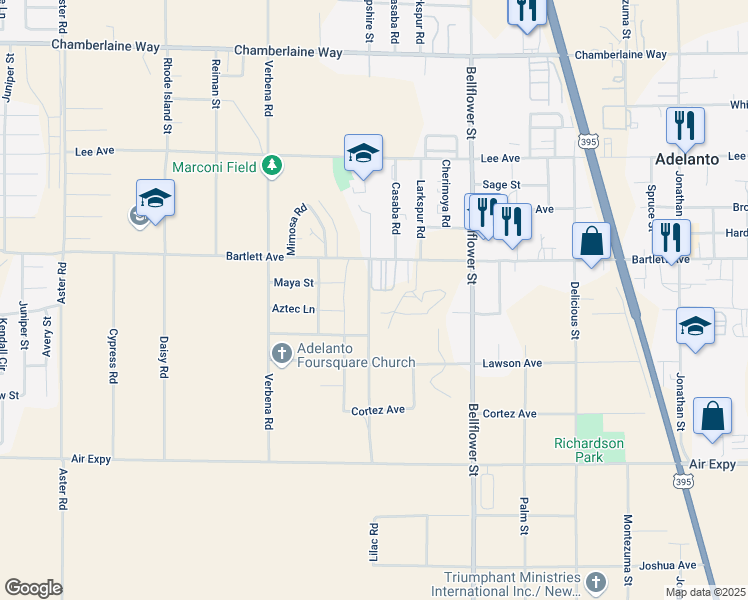 map of restaurants, bars, coffee shops, grocery stores, and more near 11137 Bartlett Avenue in Adelanto