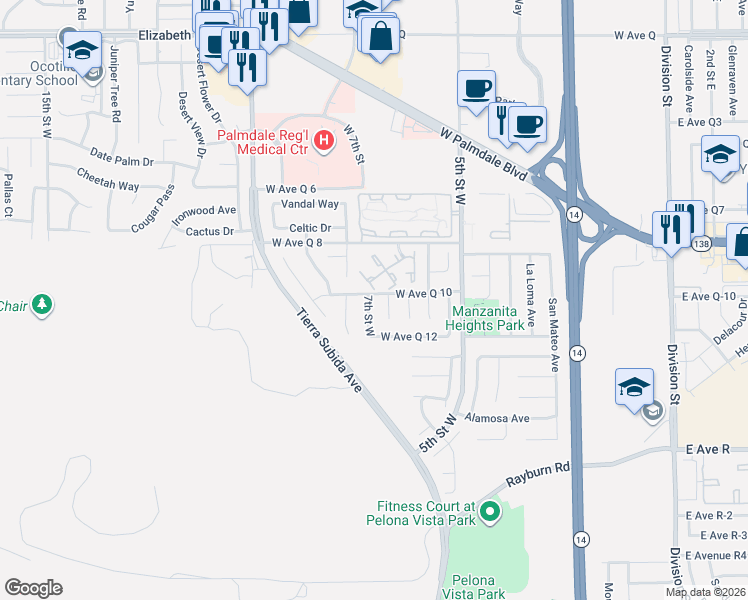map of restaurants, bars, coffee shops, grocery stores, and more near 38242 7th Street West in Palmdale
